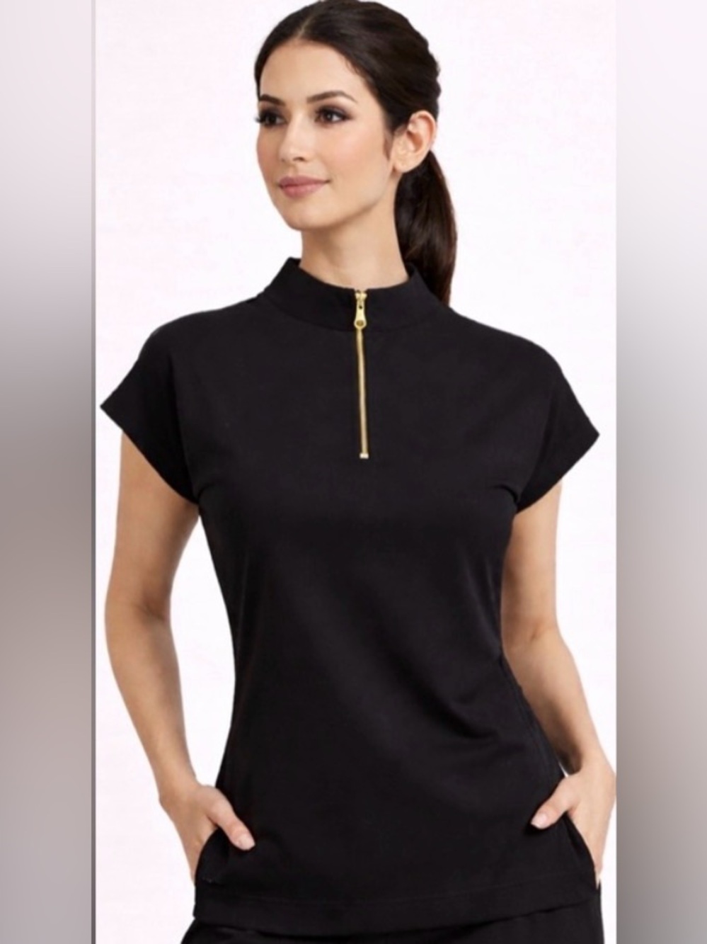 New Black Mock Neck Top Gold Zip Front Functional Side Zipper women’s S(A460)✨